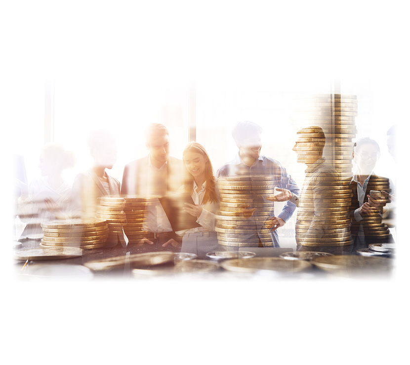 Financial investment concept, Double exposure of successful team and stack of coins for finance investor, panorama