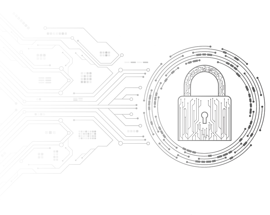 Cybersecurity digital lock icon with black circuit board pattern and electronic elements on white background. Futuristic UI design for data encryption and information security