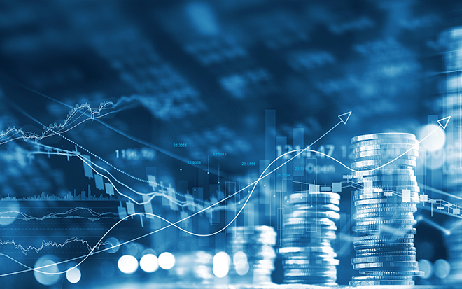 Coins and graphs over a blue background