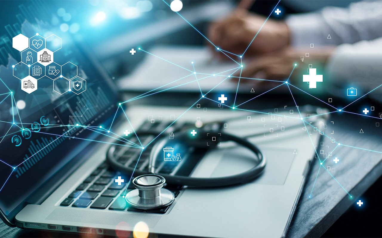 Image of a Healthcare business graph data and growth, Insurance Healthcare. Doctor analyzing medical of business report and medical examination with network connection on laptop screen.