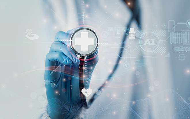Doctor Using System Analysis treatment Healthcare Patient, Data Network via Cloud, Digital Healthcare with artificial intelligence Or AI, Future Medical Technology and Patient Care Innovation concept
