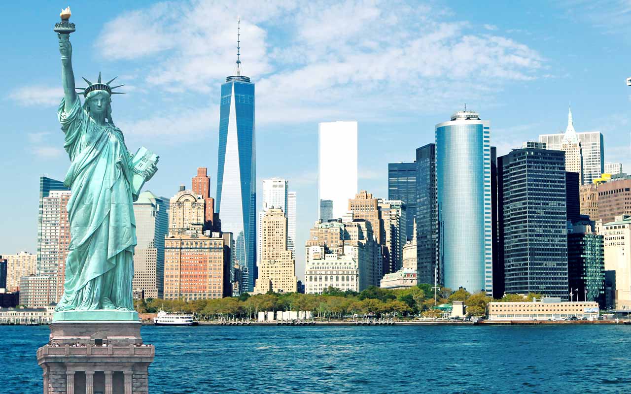 New York City skyline with Statue of Liberty in the foreground
