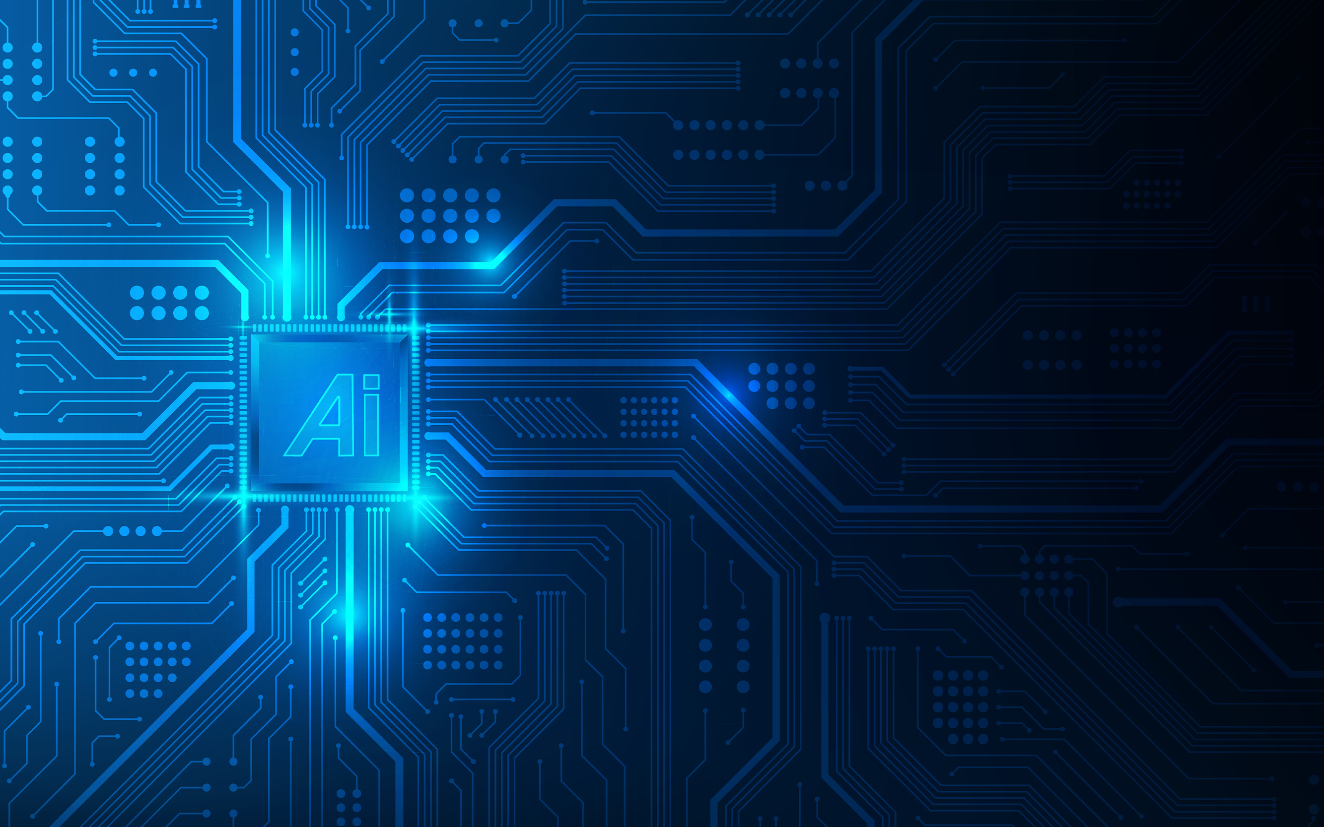 An AI logo sits in the middle of a computer-like wall of blue computer chips and wires.