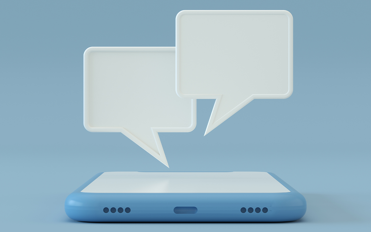 Text message bubbles appear out of a phone against a light blue background.