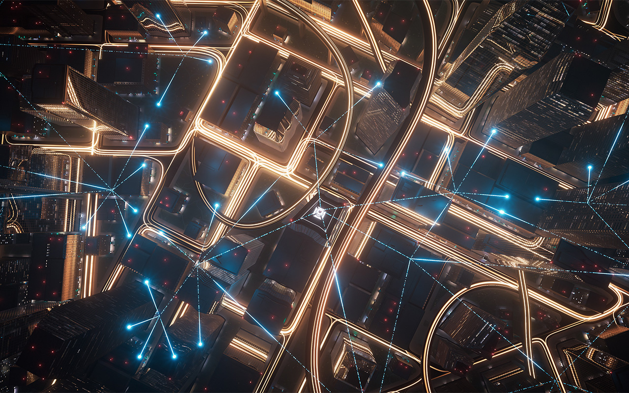 Emerging Connection Lines Over Streets And Skyscrapers