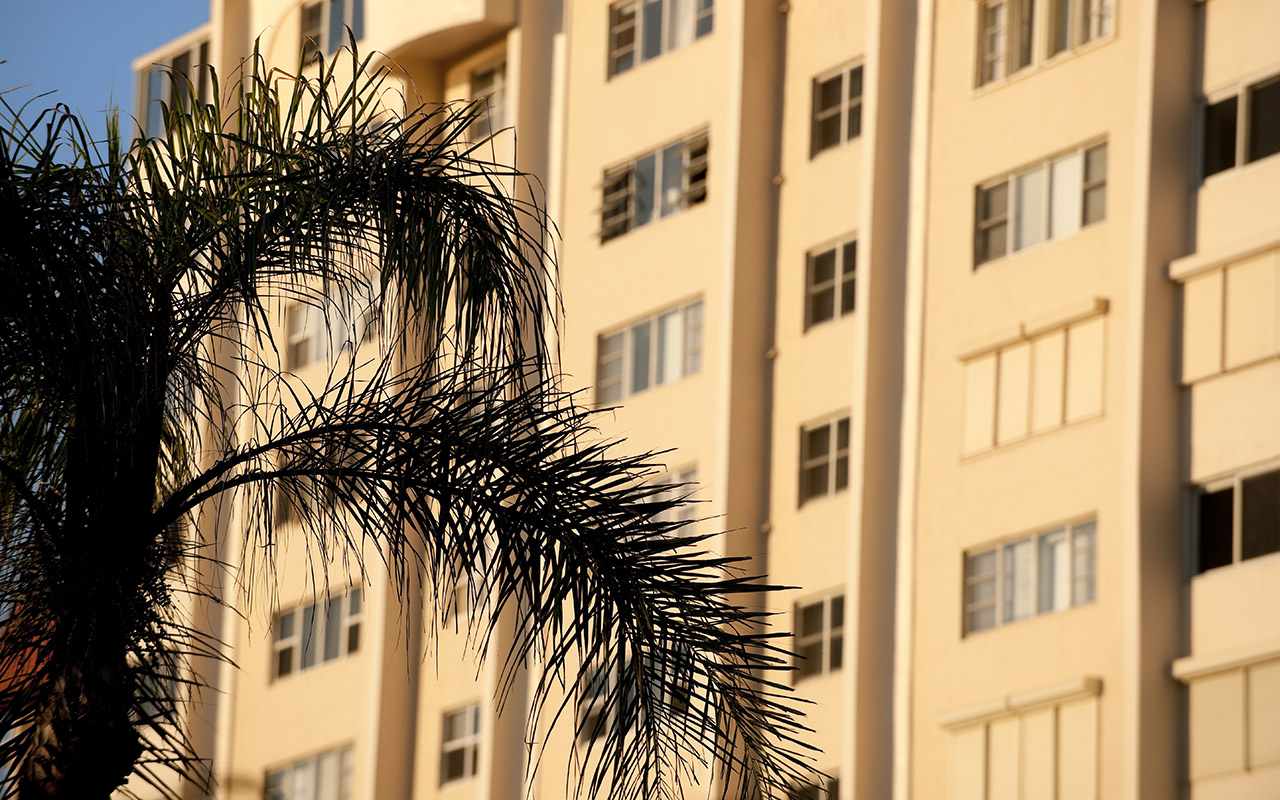 Stock photo of apartment complex with palm tree in front
