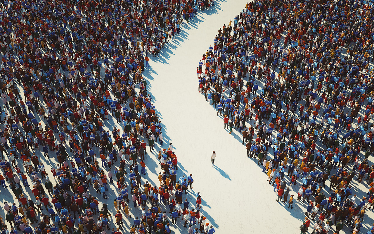 Man walking in crowds of people