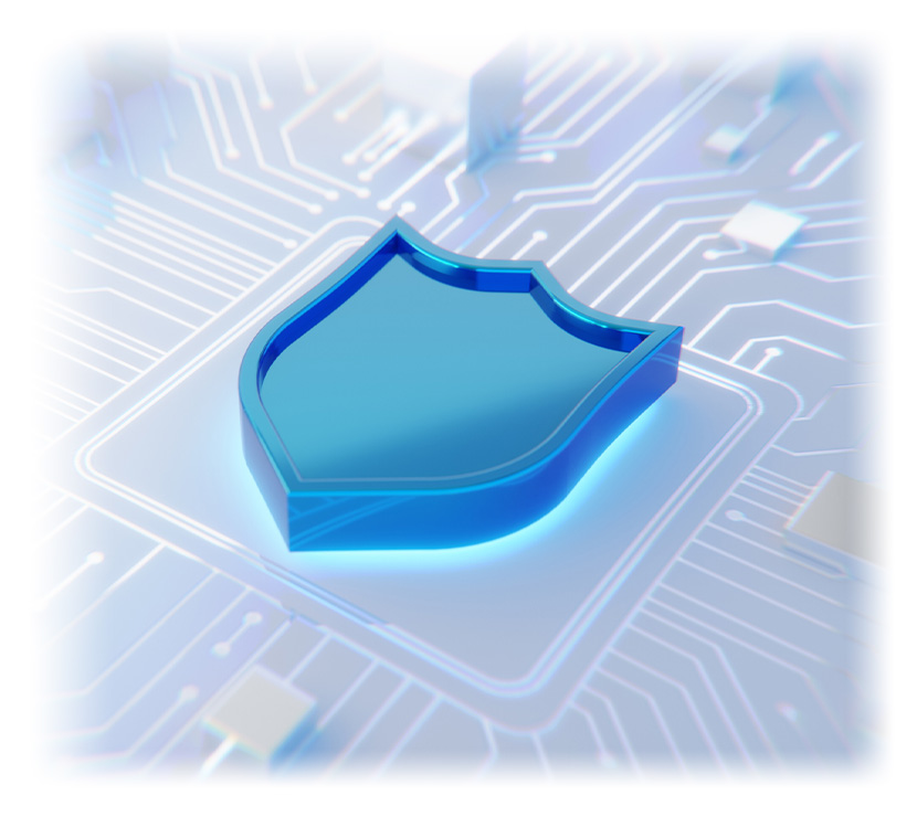 Digital security and safety concept. Blue glossy shield icon on abstract circuit board with zoom in and lens distortion effect