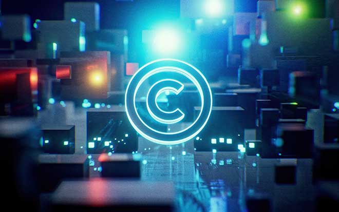 Copyright symbol on digital background. Representing modern digital intellectual property technologies and protection