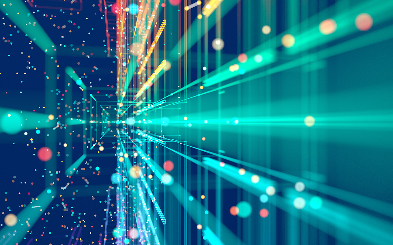 Abstract colorful grid surrounded by glowing particles