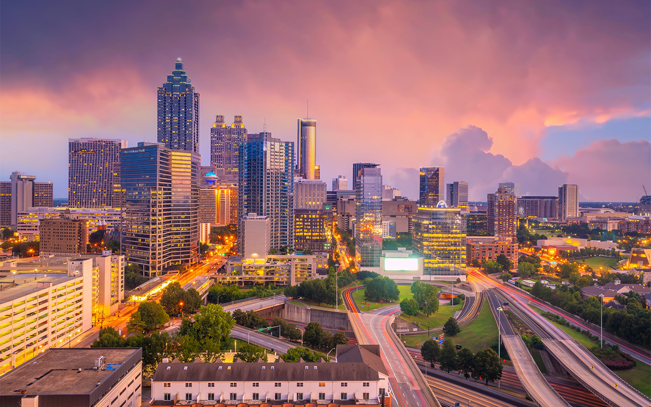 Downtown Atlanta city skyline cityscape of Georgia, USA at sunset