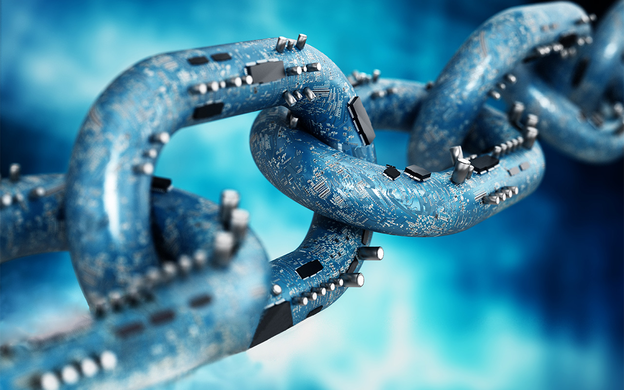 Electronic components on PCB textured chain parts. Blockchain and crypto currency concept.