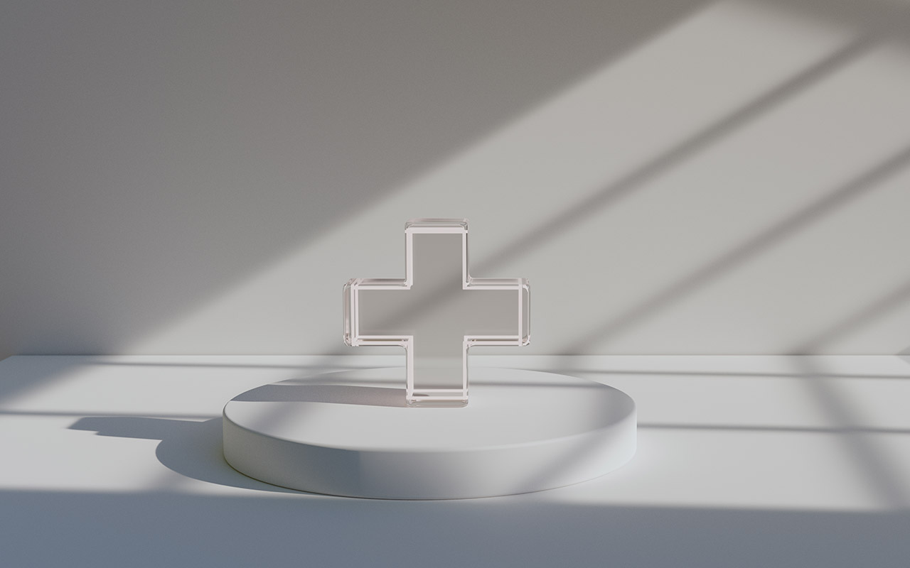 Soft sunlight casts window shadows on a glass cross. Clinics and hospitals are well represented here. 3D digital render