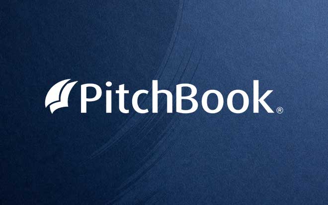 White "Pitchbook" logo over a dark blue backdrop