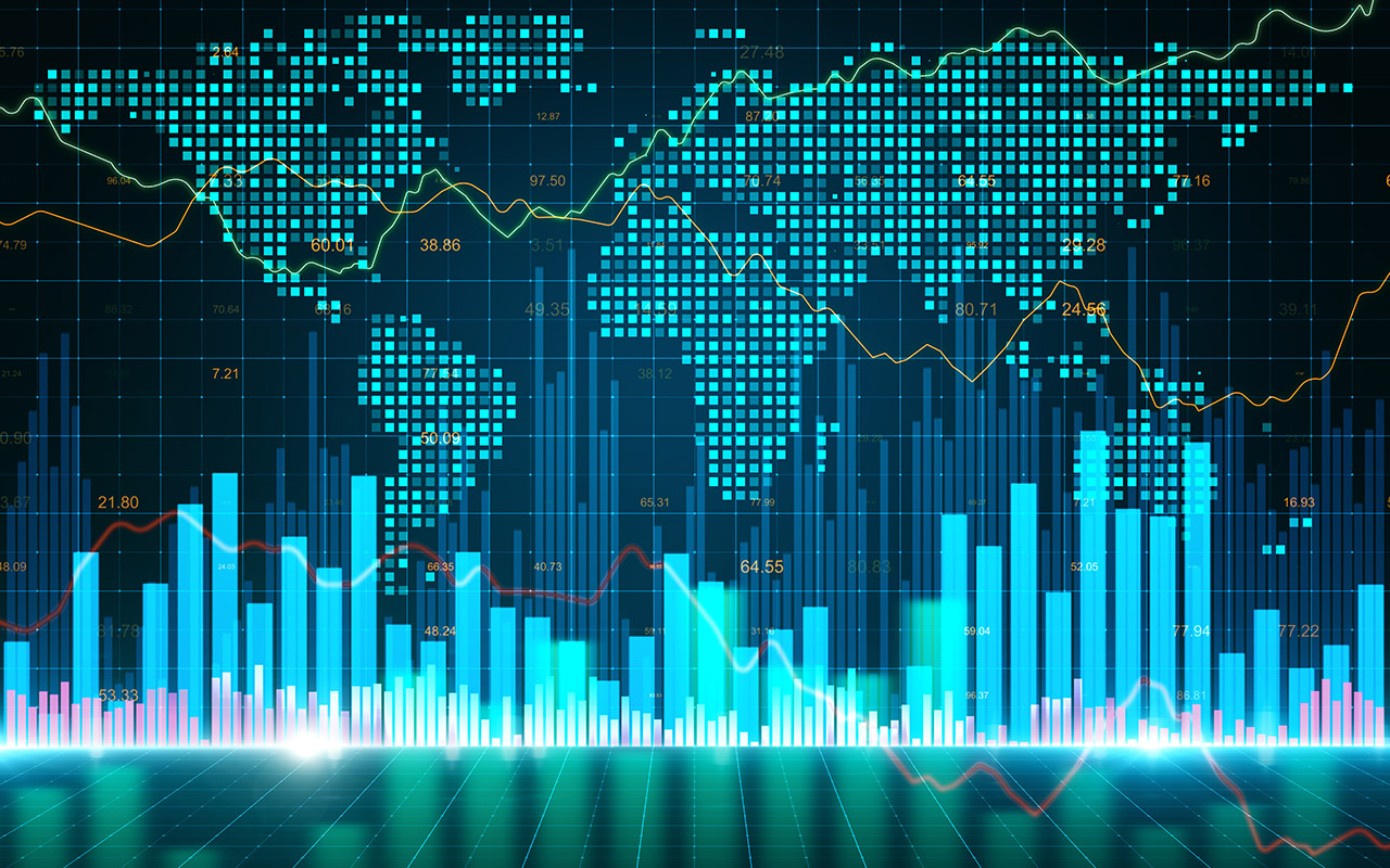 image of Creative glowing forex chart with map on blurry background. Global business and analysis concept. 3D Rendering