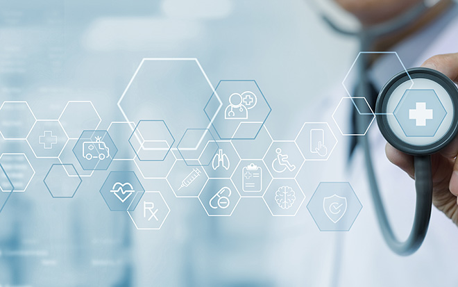 Doctor holding stethoscope with medical technology internet network connection