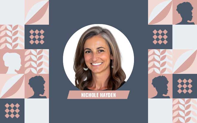 Women's History Month themed graphic with headshot of Nichole Hayden