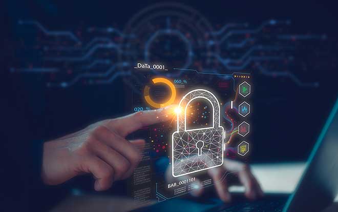 Cyber security protection information privacy technology concept, man use computer working on visual screen show padlock protecting data user privacy security and encryption