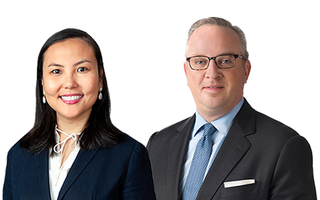 Headshot of attorneys Amy Cheng and Michael Hollingsworth against a white background
