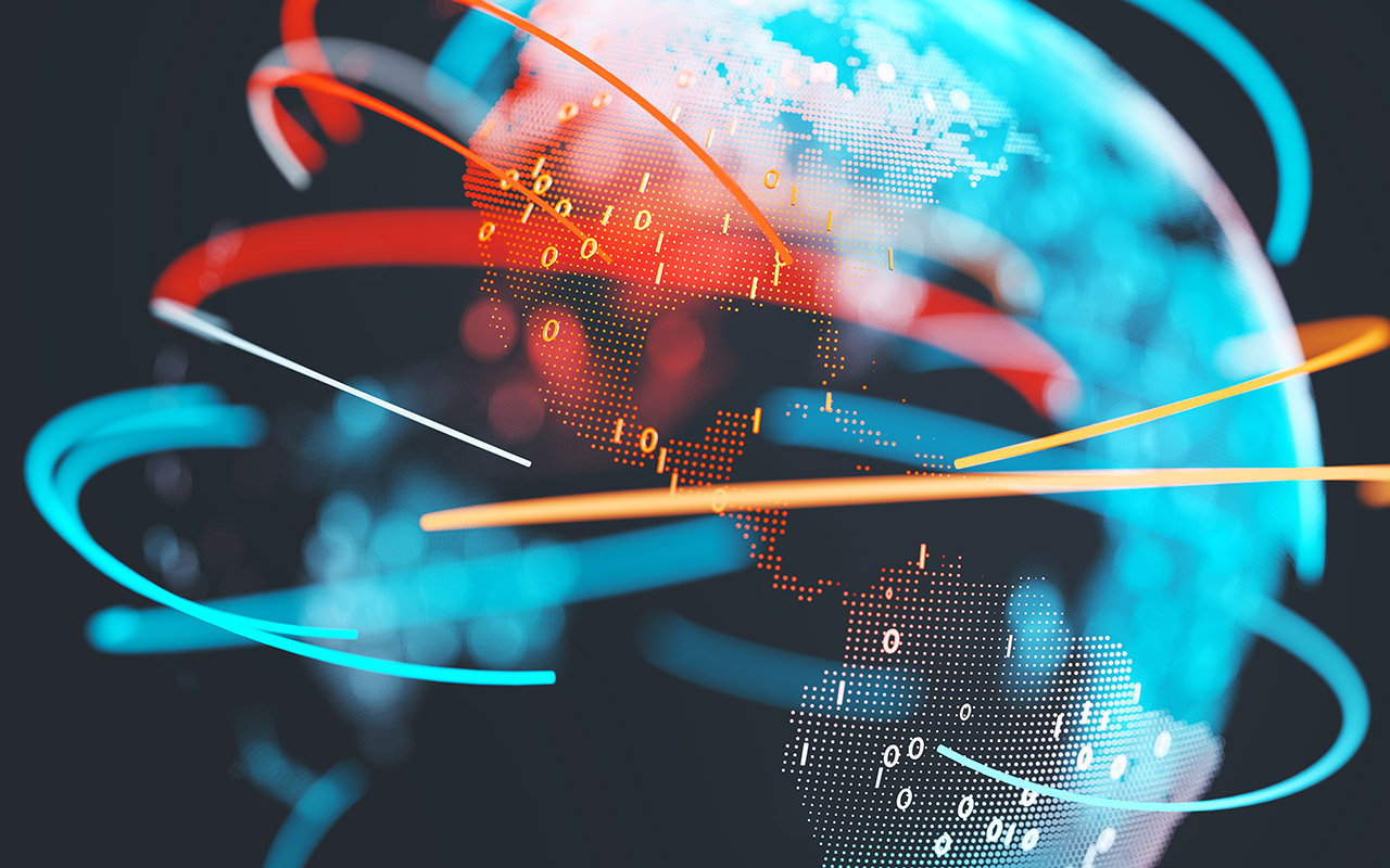 Earth (focus on the Americas) represented by little dots, binary code and lines - big data, global business, cryptocurrency 3D render