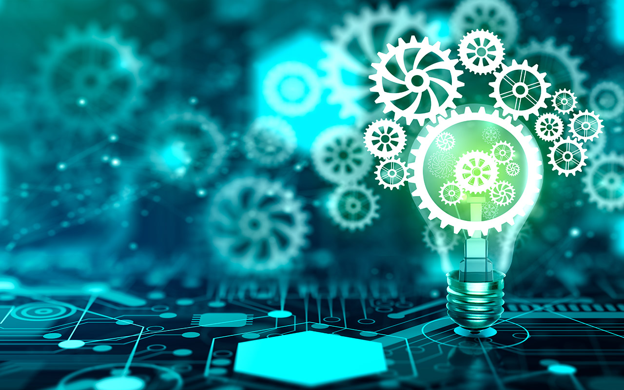 illustration of Light bulb with cog inside. Business idea of Plan Concept. 3D Render.