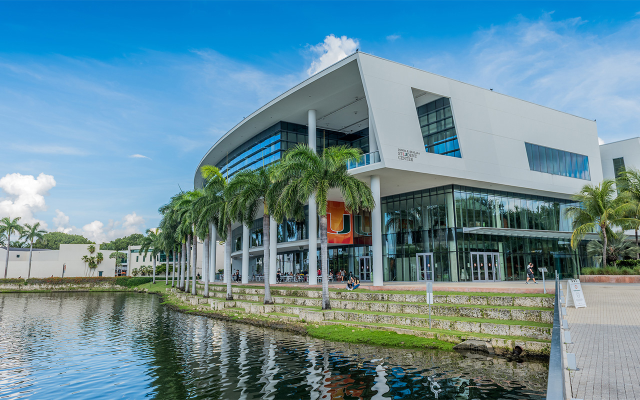 View of the student center within the campus of Coral Gables, at the University of Miami.