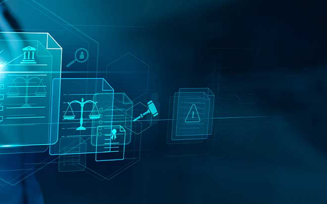 Digital illustration featuring stylized icons representing legal, compliance, and cybersecurity concepts, including scales of justice, a gavel, and a warning triangle