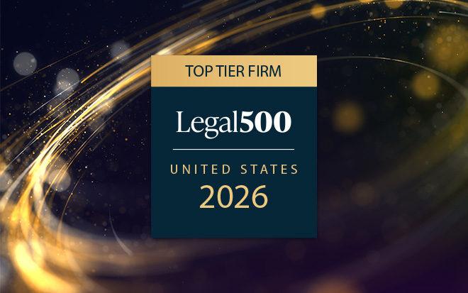 Top Tier Firm Legal 500 United States 2026 logo over black and gold glitter background