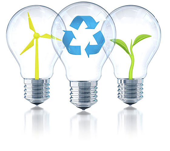 An image of three lightbulbs with images of a wind turbine, the recycling symbol, and a plant on each