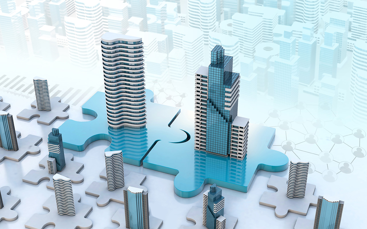 Merger and acquisition business concepts with two offices joining on a puzzle.
