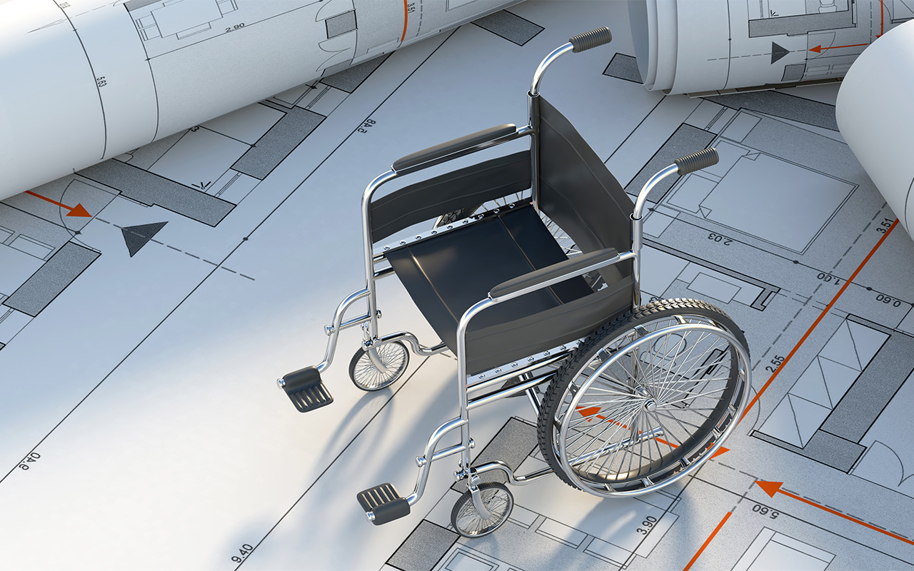 Wheelchair on design blueprints background. Regulations and specifications for disabled, handicap access and services in buildings construction. Architect engineer office. 3d illustration