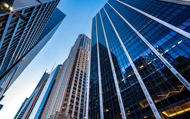 low angle of multiple skyscrapers