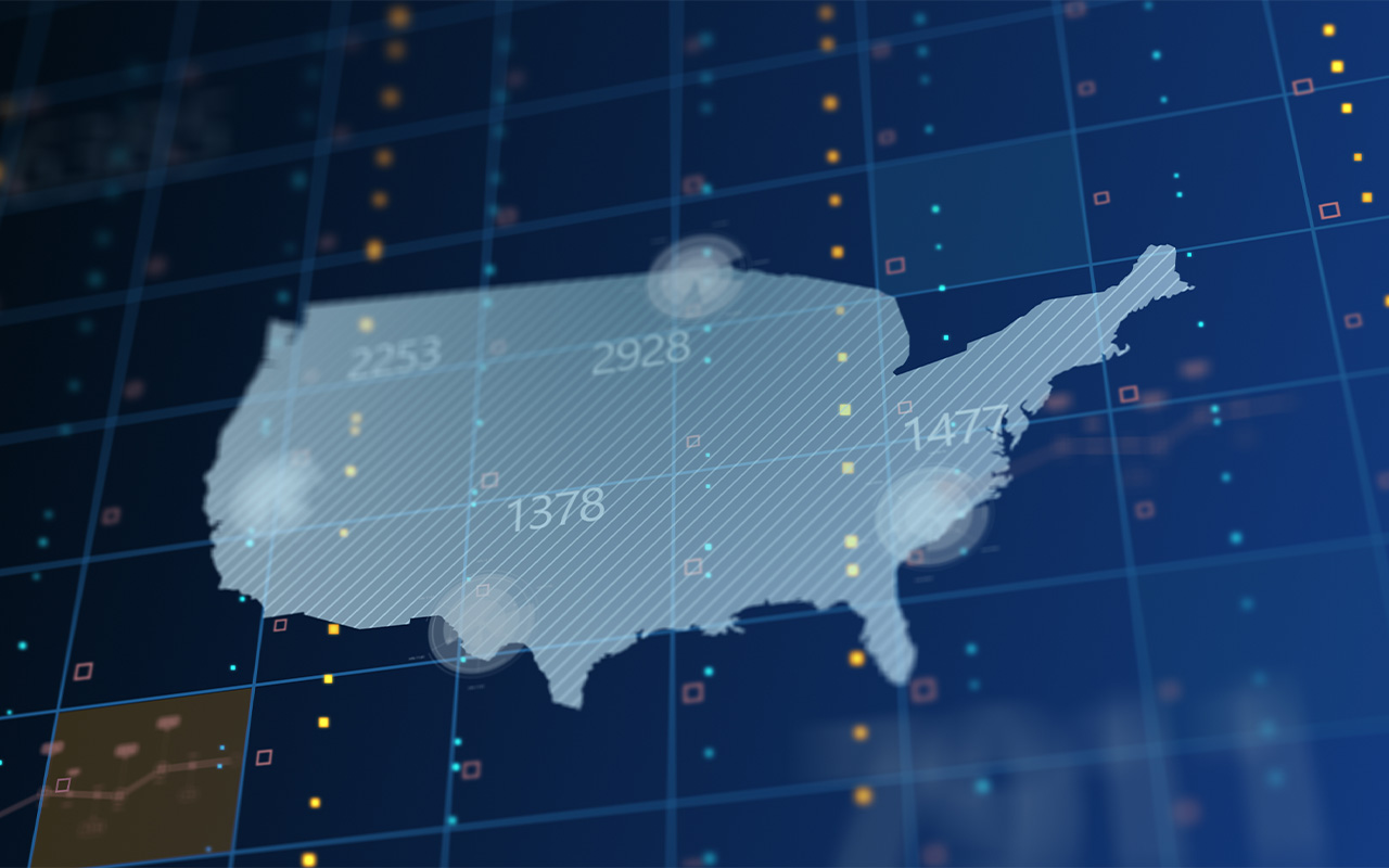 Map of the United States overlaid with numerical data points
