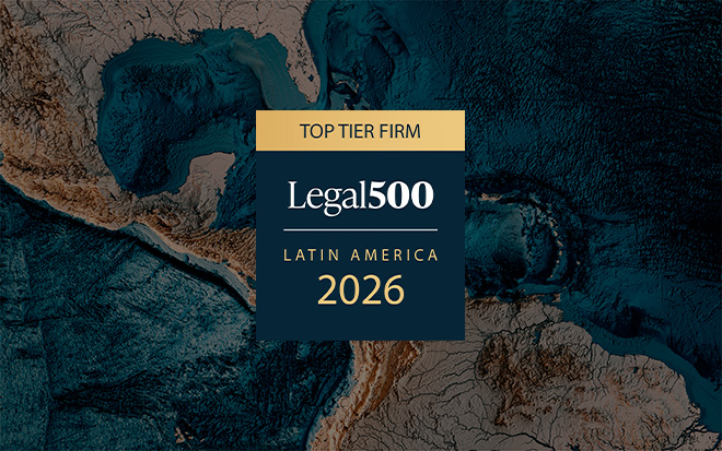 Legal 500 top tier firm Latin America 2026 logo on blue and tan South America background
